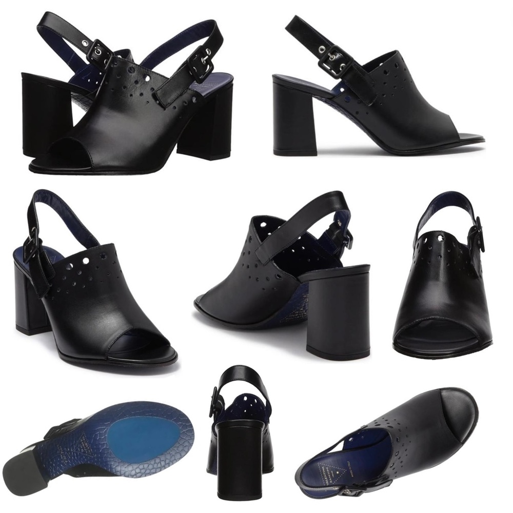 VALENTINA RANGONI Carmine Block Heel Peep Toe Mule Black Leather Heeled Sandals - Picture 2 of 11